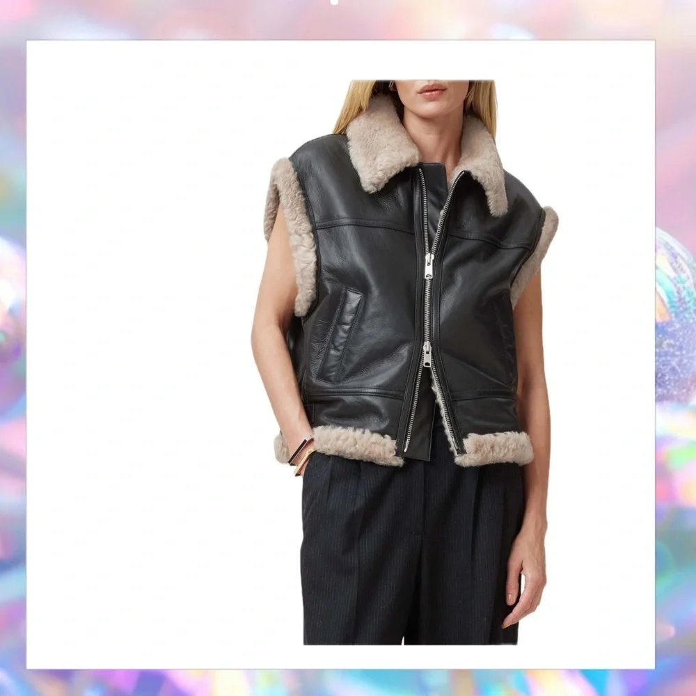 AllSaints Zep Genuine Shearling Black Leather Moto Vest Size S NWT